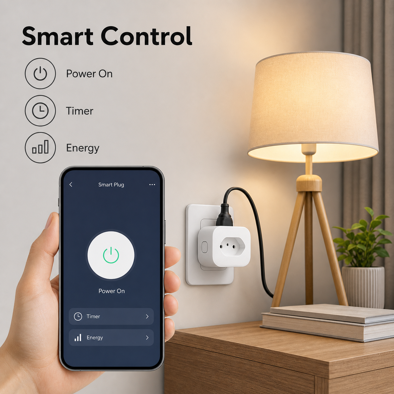 Smartphone control scene for Brazil Type N smart plug and bedside lamp