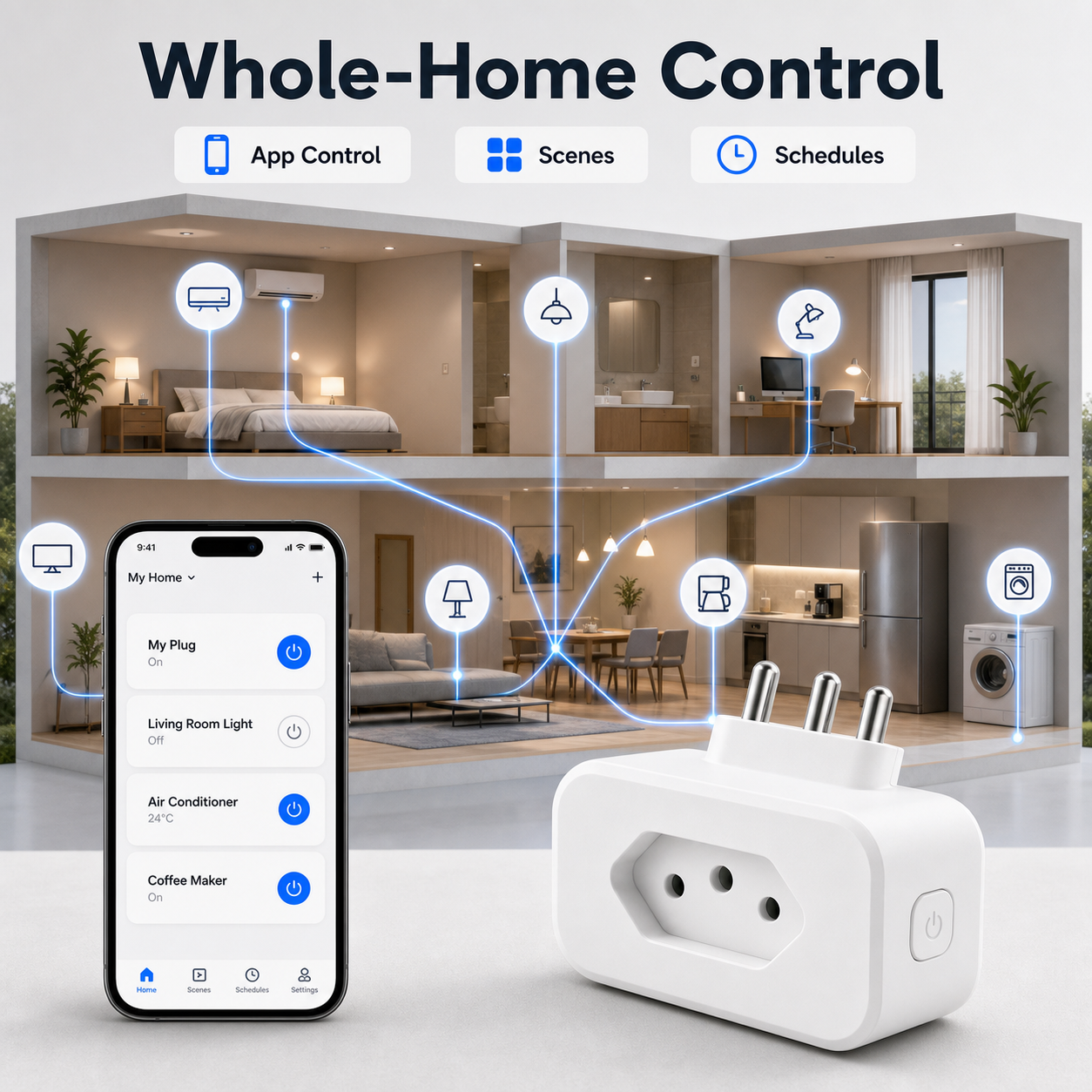 Whole-home control scene with Brazil Type N smart plug and app