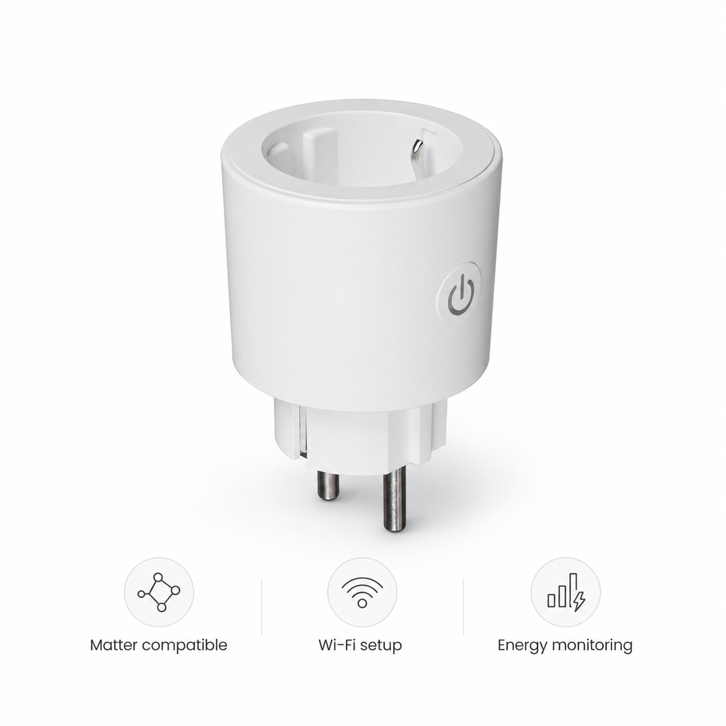 Studio packshot of white Matter smart plug with clean feature labels