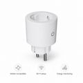 Studio packshot of white Matter smart plug with clean feature labels