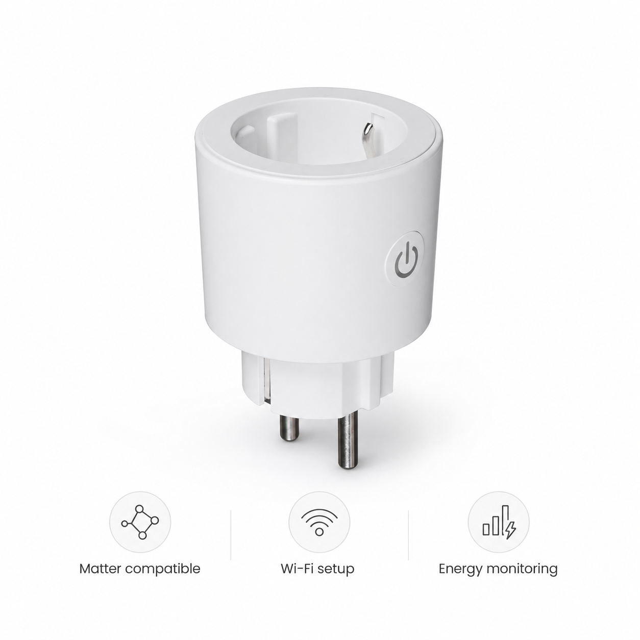 Studio packshot of white Matter smart plug with clean feature labels