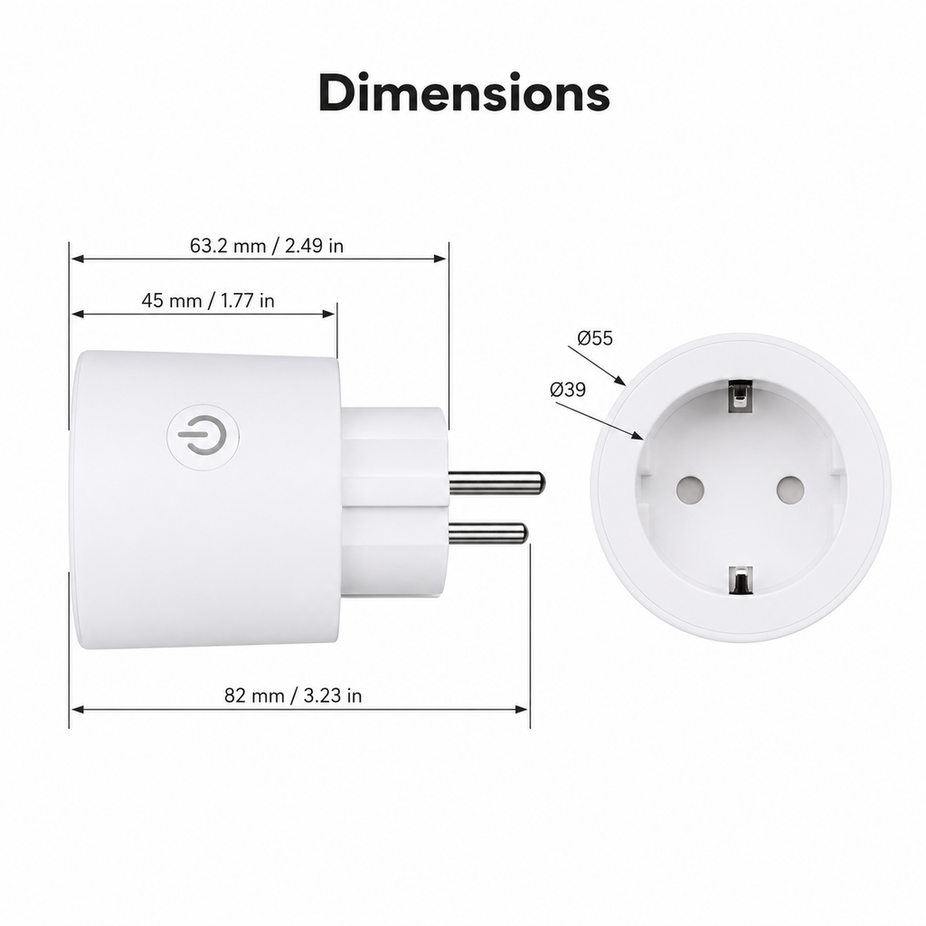 Dimension diagram for white EU Matter smart plug