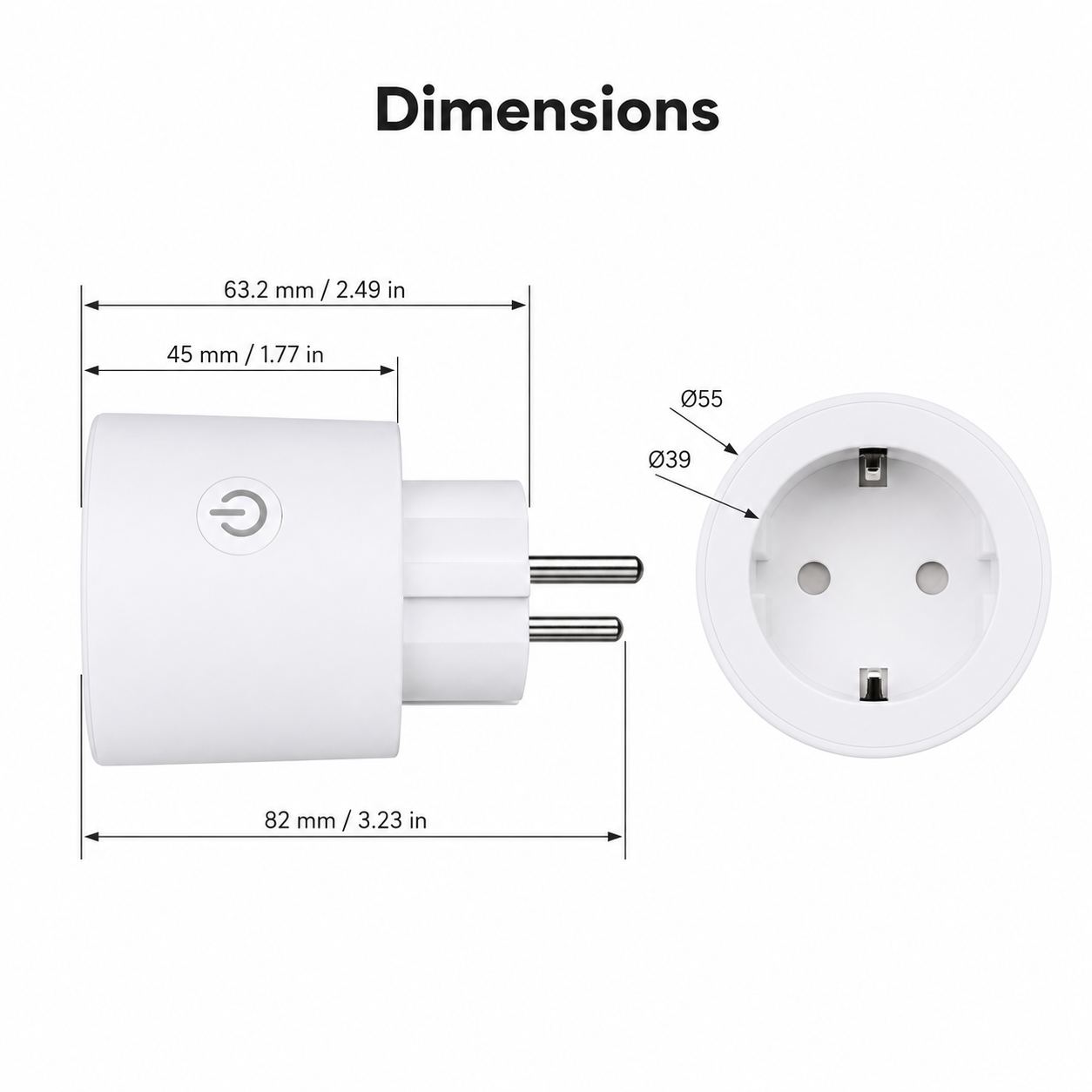 Dimension diagram for white EU Matter smart plug