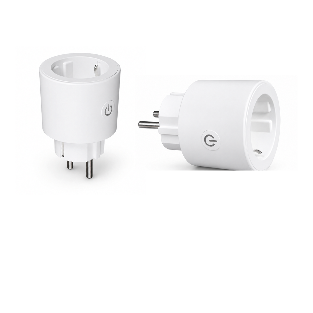 Deux prises connectées NéoPlug Matter Comfort Wi-Fi Matter 16A sur fond blanc