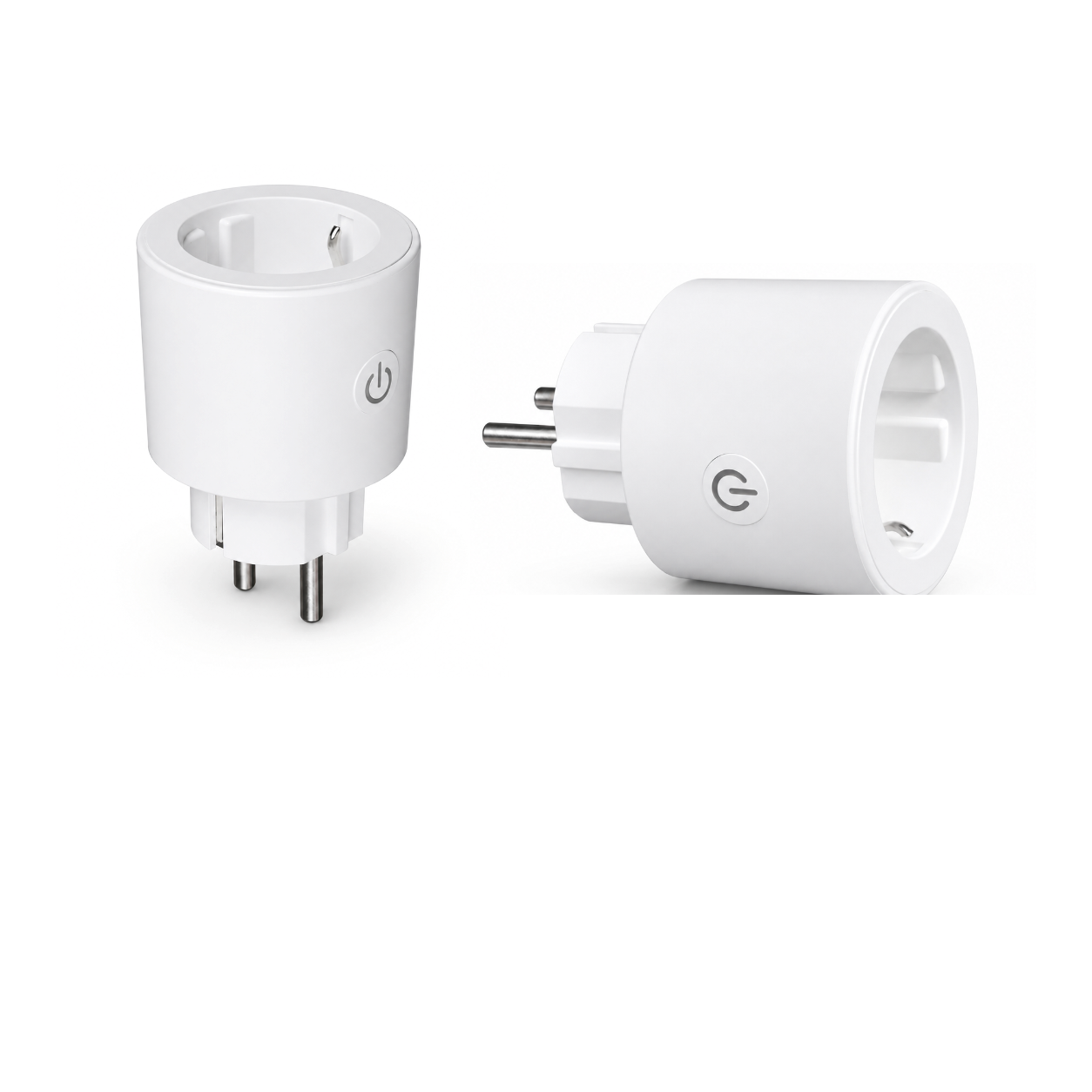 Deux prises connectées NéoPlug Matter Comfort Wi-Fi Matter 16A sur fond blanc