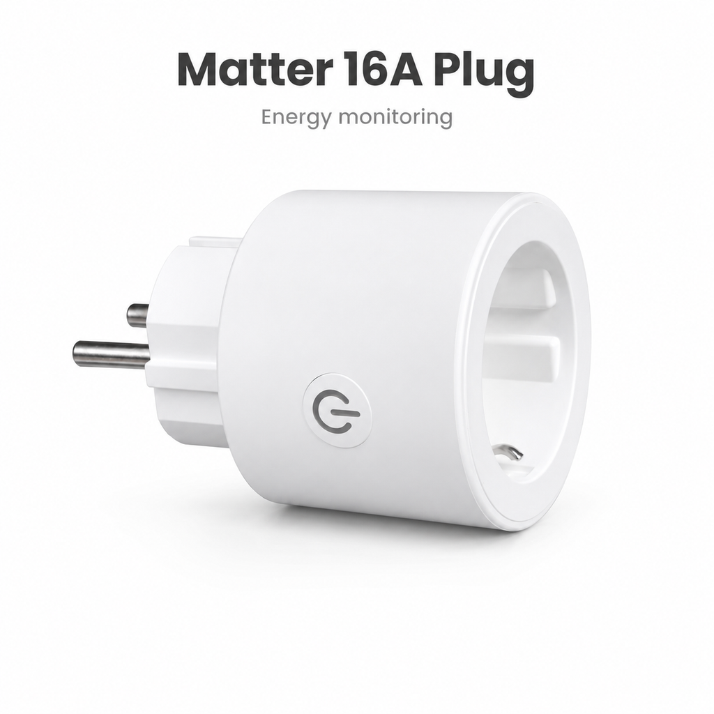 Studio packshot of white Matter 16A smart plug with energy monitoring