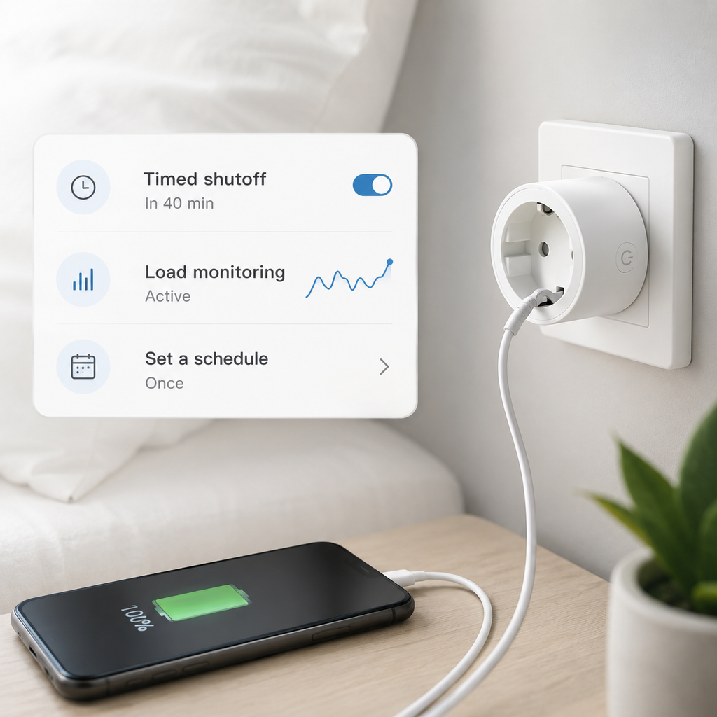 Timed shutoff and load monitoring for smart plug charging setup