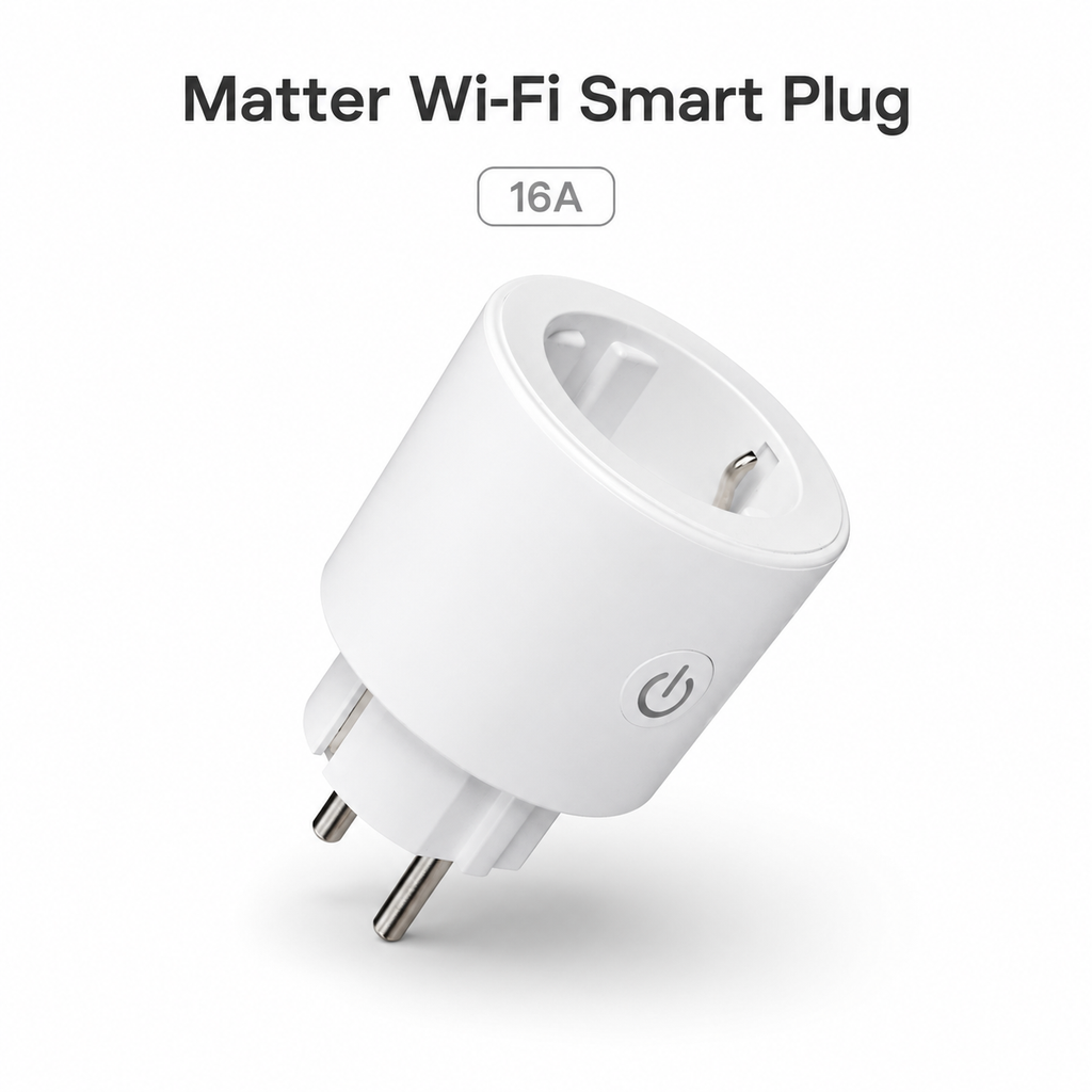 Studio packshot of white EU Matter Wi-Fi smart plug 16A