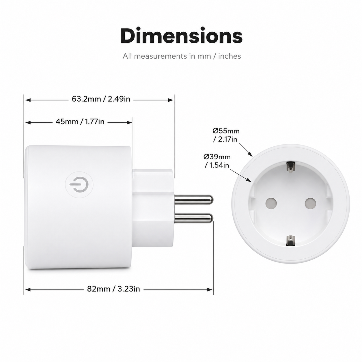 Dimensions diagram for EU Matter Wi-Fi smart plug