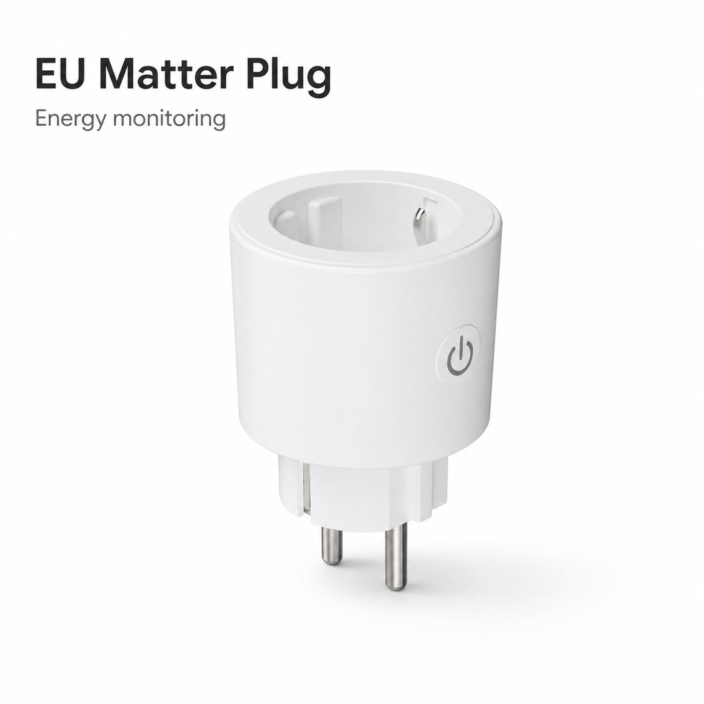 White background packshot of EU Matter plug with energy monitoring