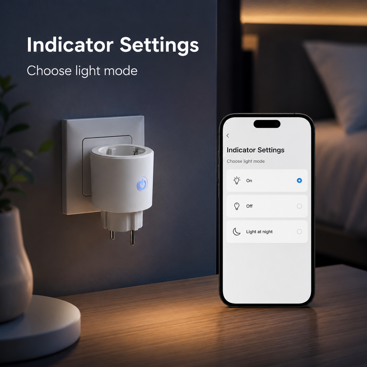 Indicator mode settings visual for Matter Wi-Fi smart plug