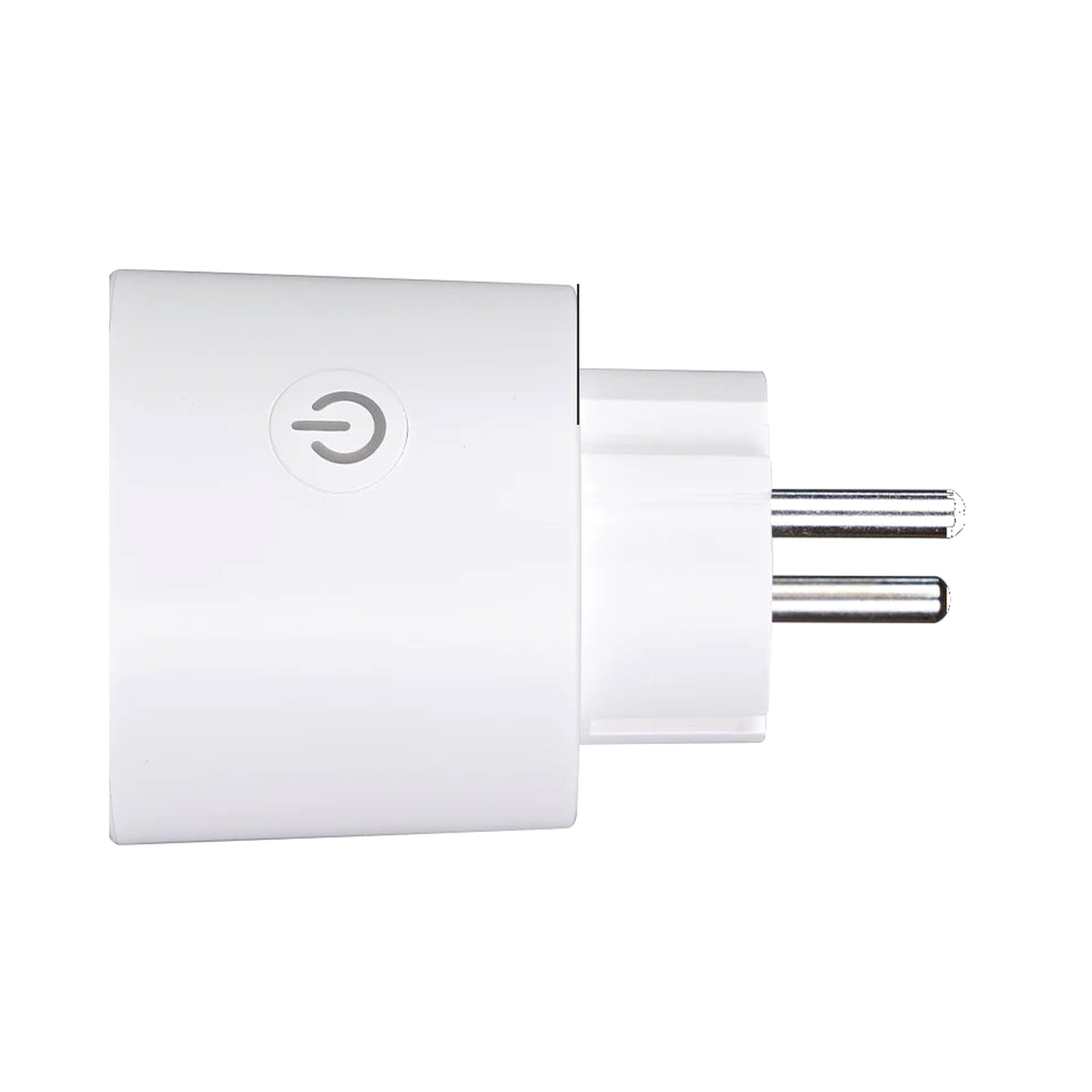 Prise connectee Wi-Fi Matter 16A NeoPlug vue laterale avec broches europeennes sur fond blanc