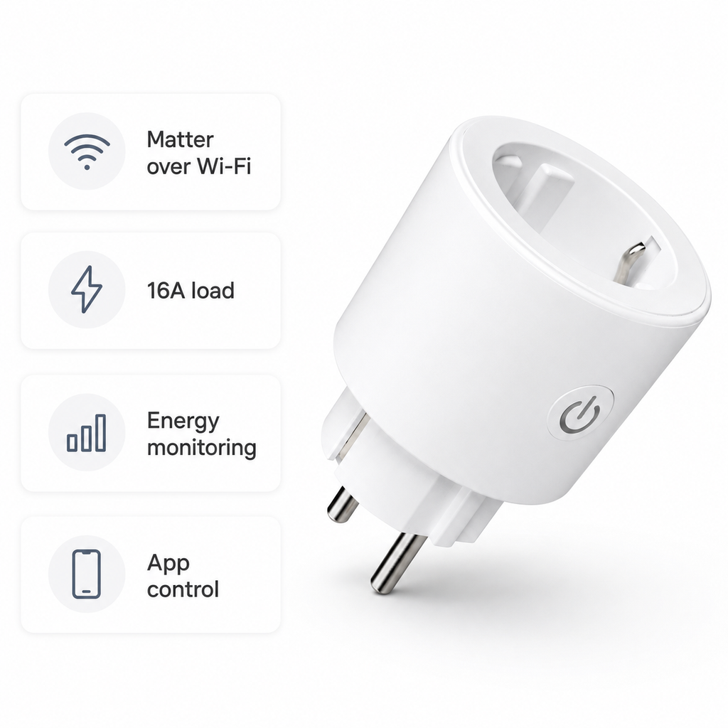 Feature card for Matter Wi-Fi smart plug with energy monitoring