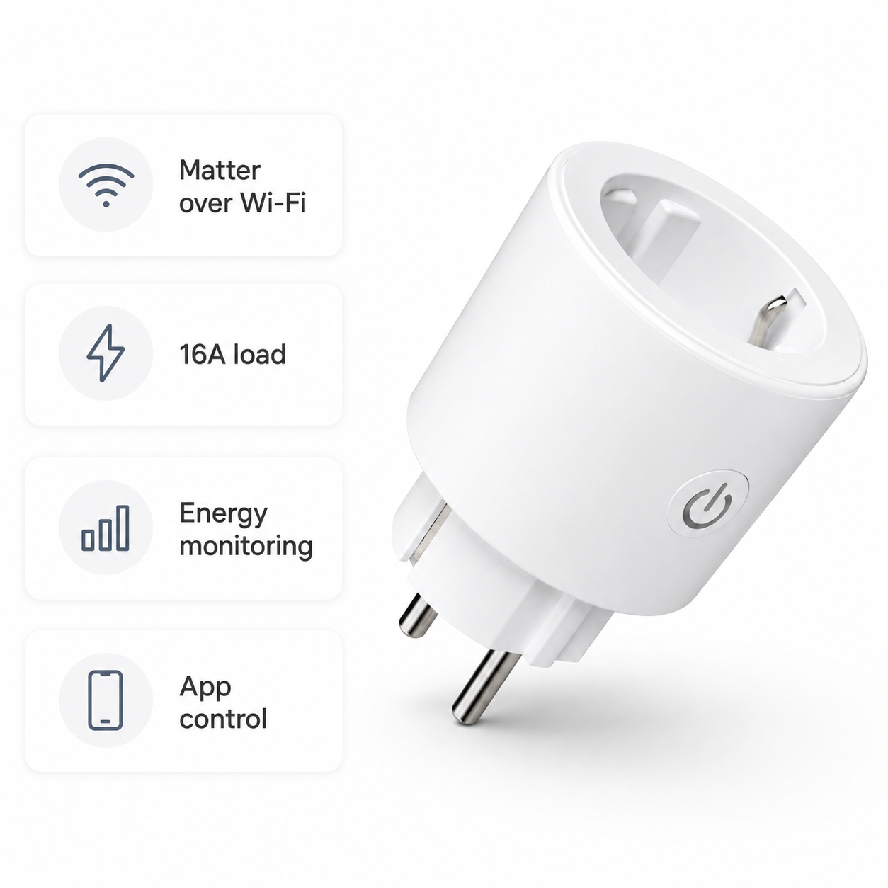 Feature card for Matter Wi-Fi smart plug with energy monitoring