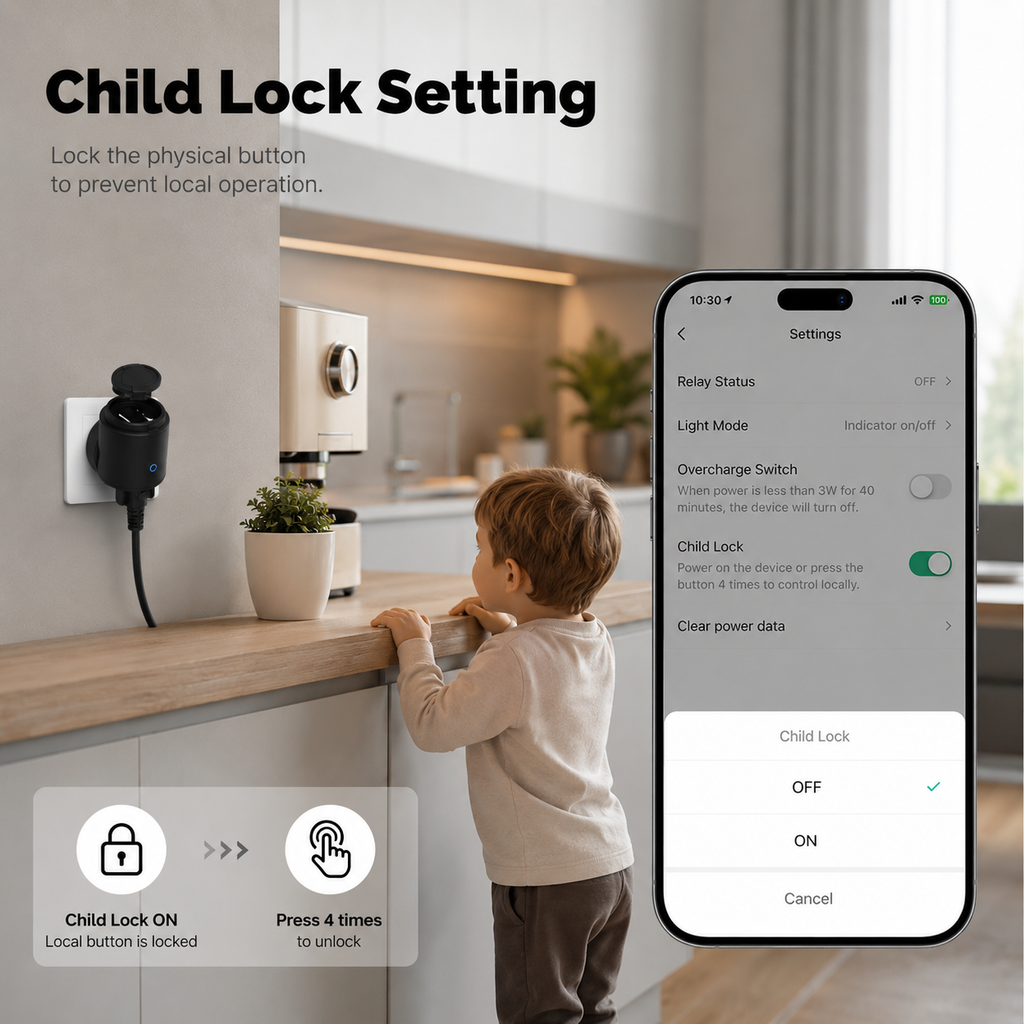 Child lock function visual for WiFi outdoor smart plug
