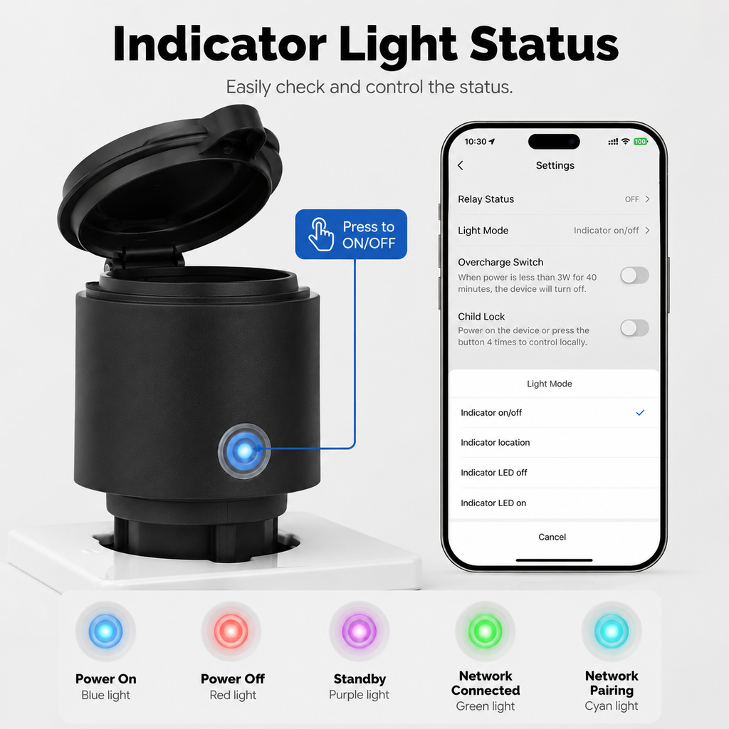 Indicator light and button control visual for outdoor smart plug