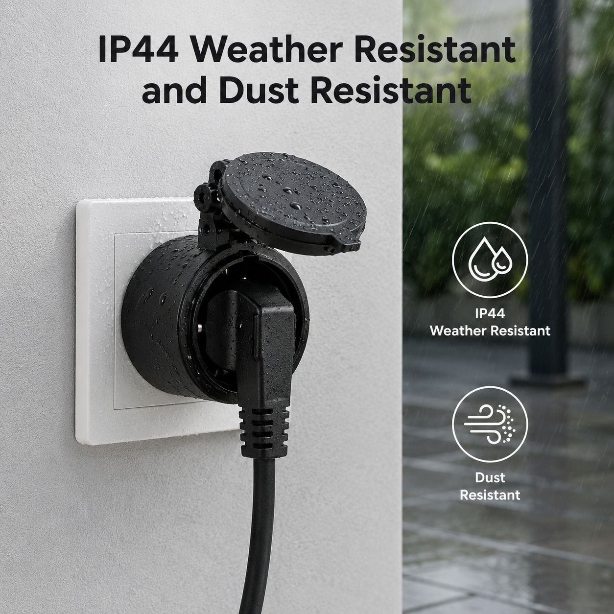 IP44 weather resistant visual for black outdoor smart plug