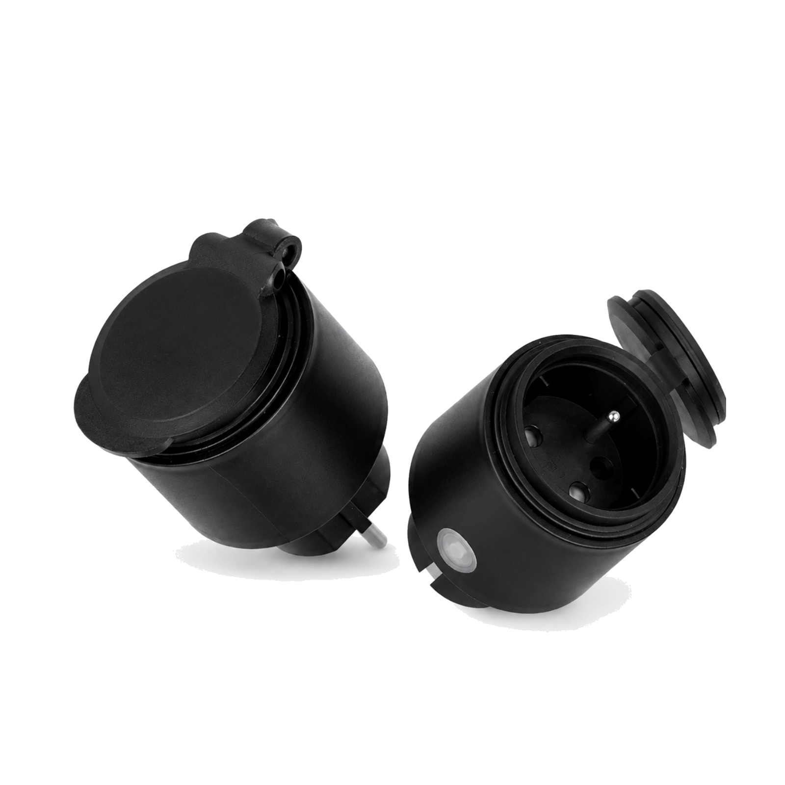 Lot de 2 prises extérieures Wi-Fi 16A noires sur fond blanc