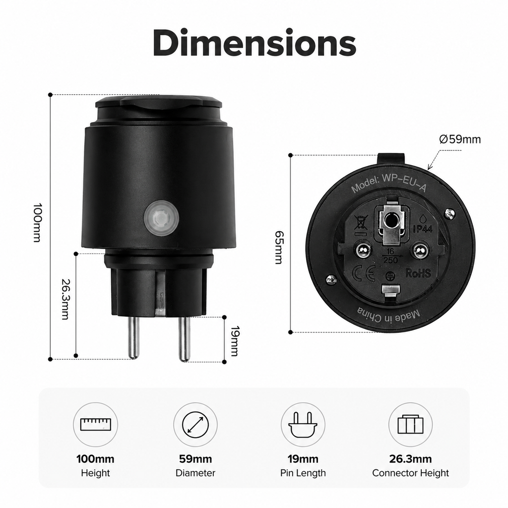 Dimensions visual for black 16A outdoor smart plug