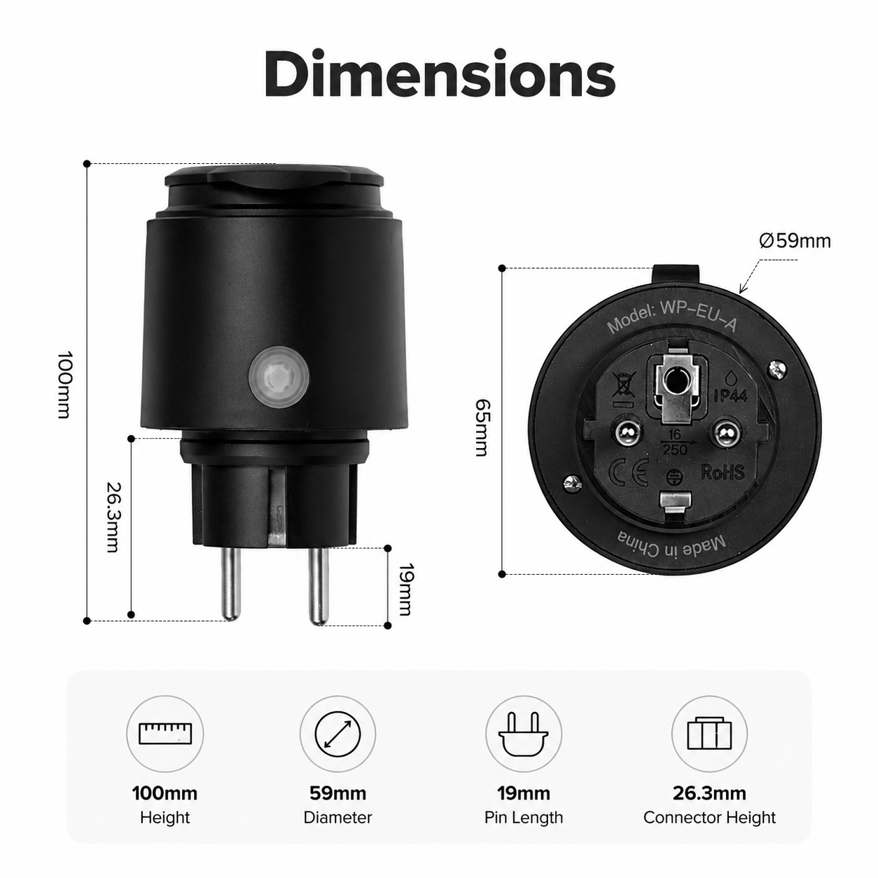 Dimensions visual for black 16A outdoor smart plug