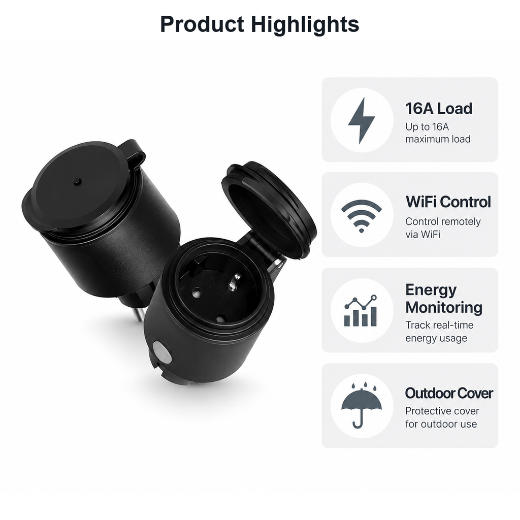Product highlights visual for 16A WiFi outdoor smart plug