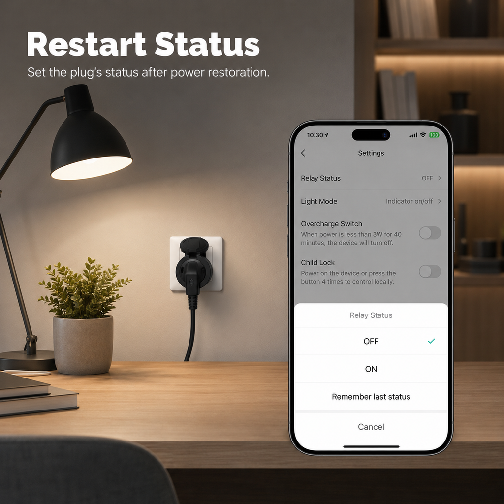 Restart status control visual for outdoor smart plug