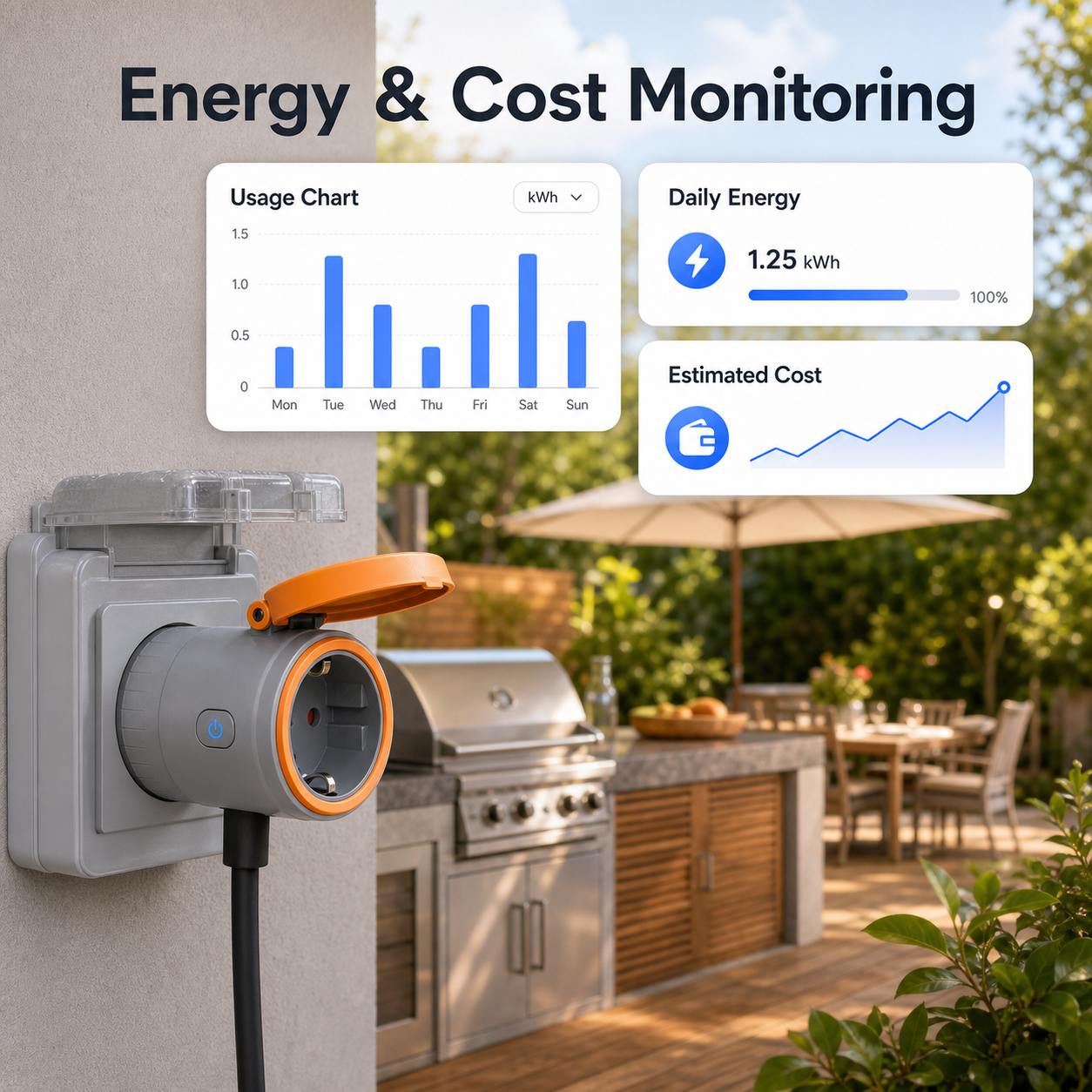 NéoPlug Outdoor Matter Pro energy and cost monitoring on patio