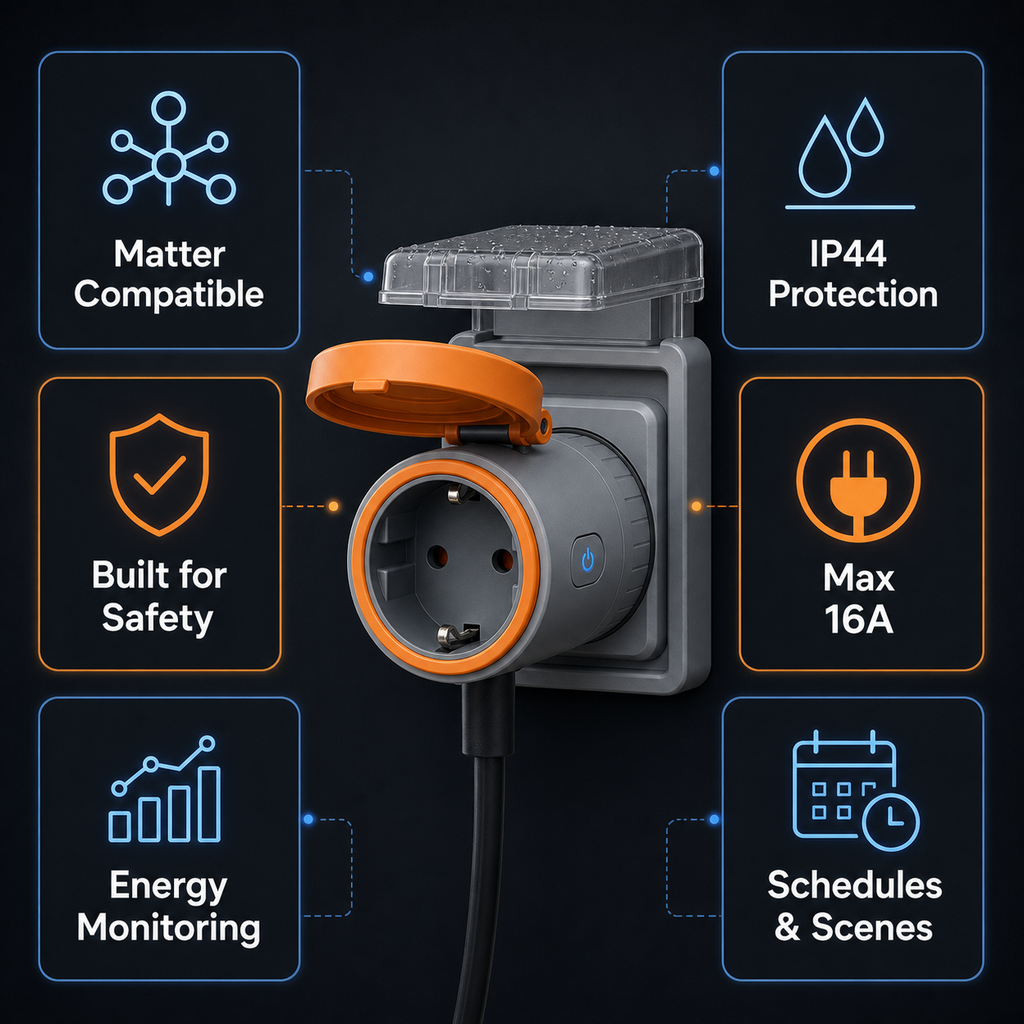 NéoPlug Outdoor Matter Pro feature grid Matter IP44 energy monitoring