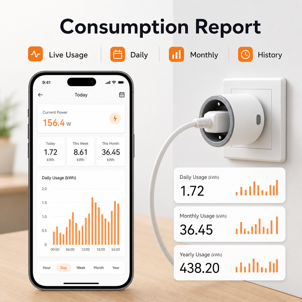Consumption report dashboard for Type F Zigbee smart plug