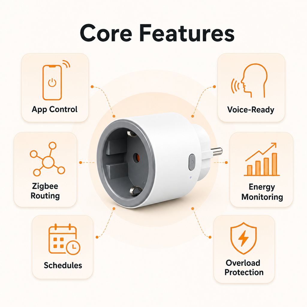 Core feature grid for Type F Zigbee smart plug