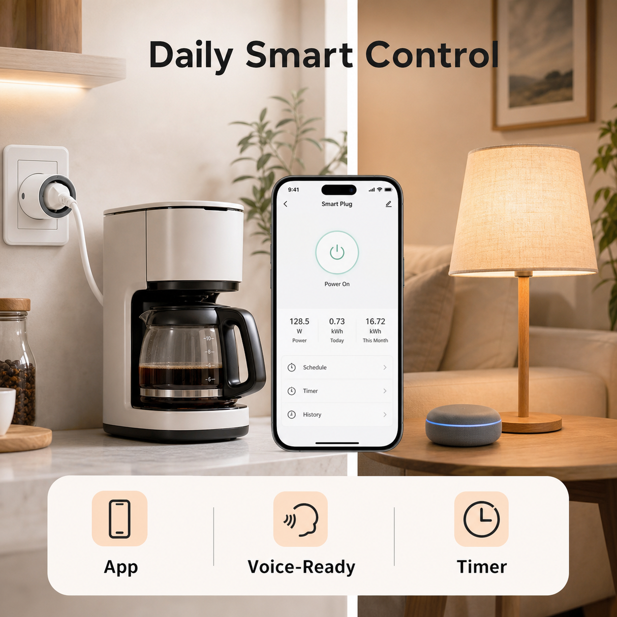 Daily smart control scene with Type F Zigbee plug and phone app
