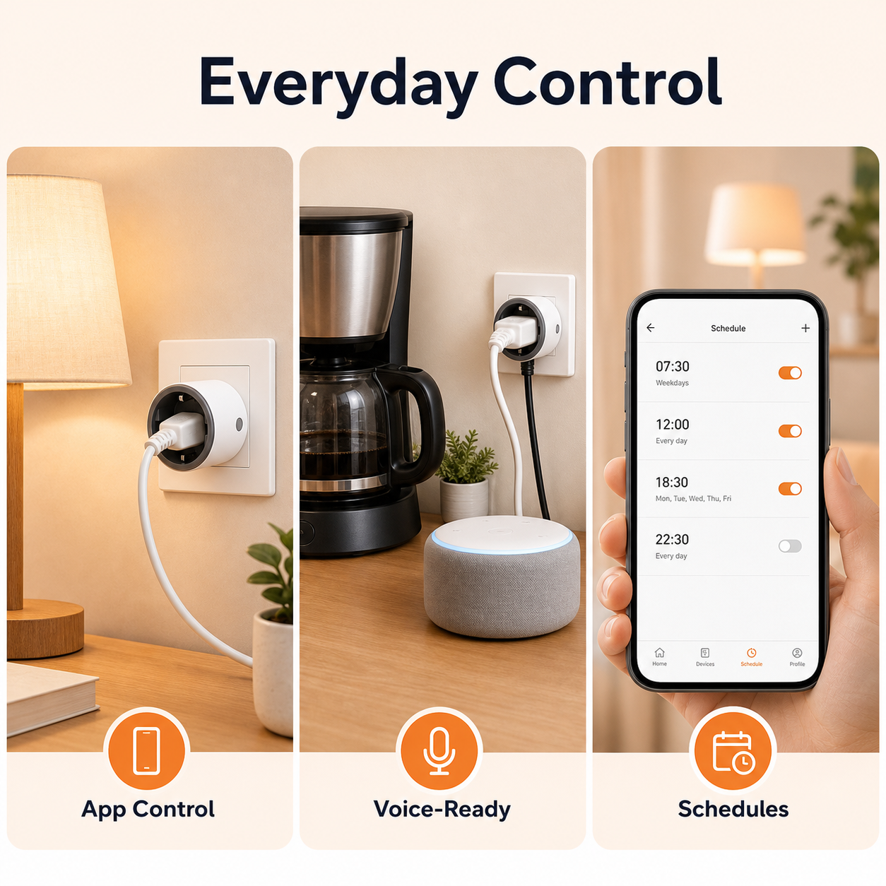 Everyday app voice-ready and schedule control for Type F smart plug