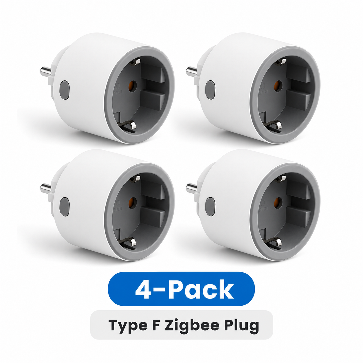 Four-pack studio image of Type F Zigbee smart plugs