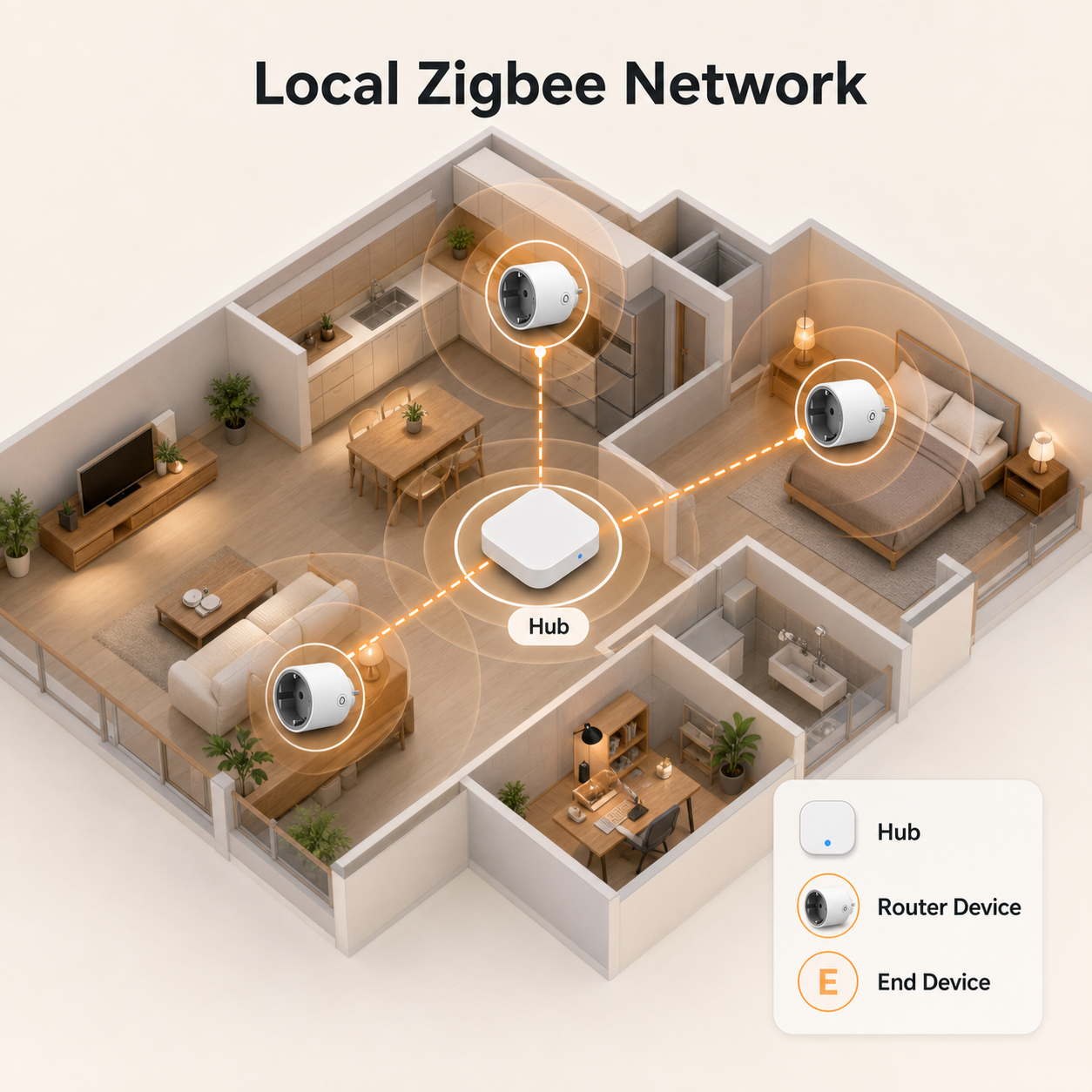 Local Zigbee network diagram with Type F smart plugs and hub