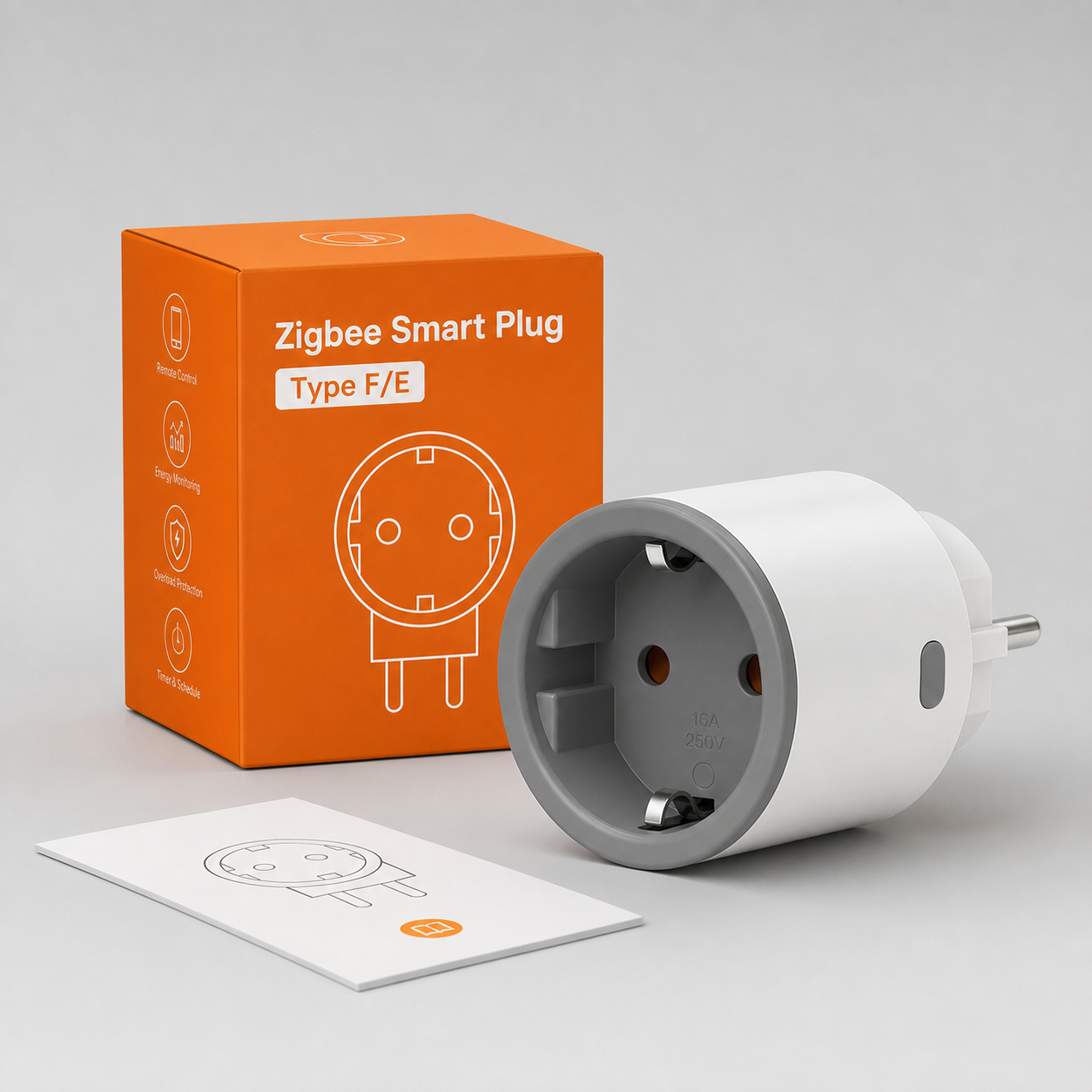 Studio packshot of Type F Zigbee smart plug with neutral packaging