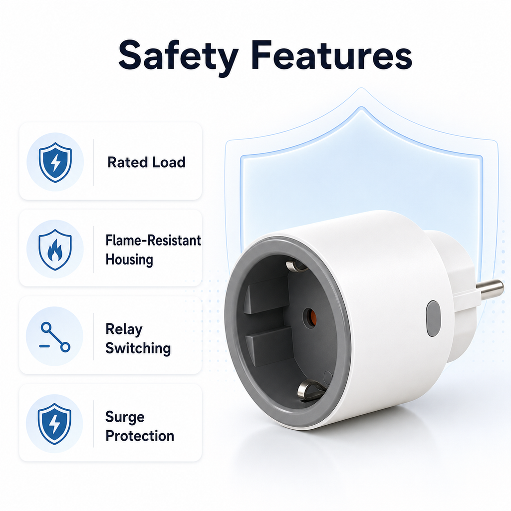 Safety feature overview for white Type F Zigbee smart plug