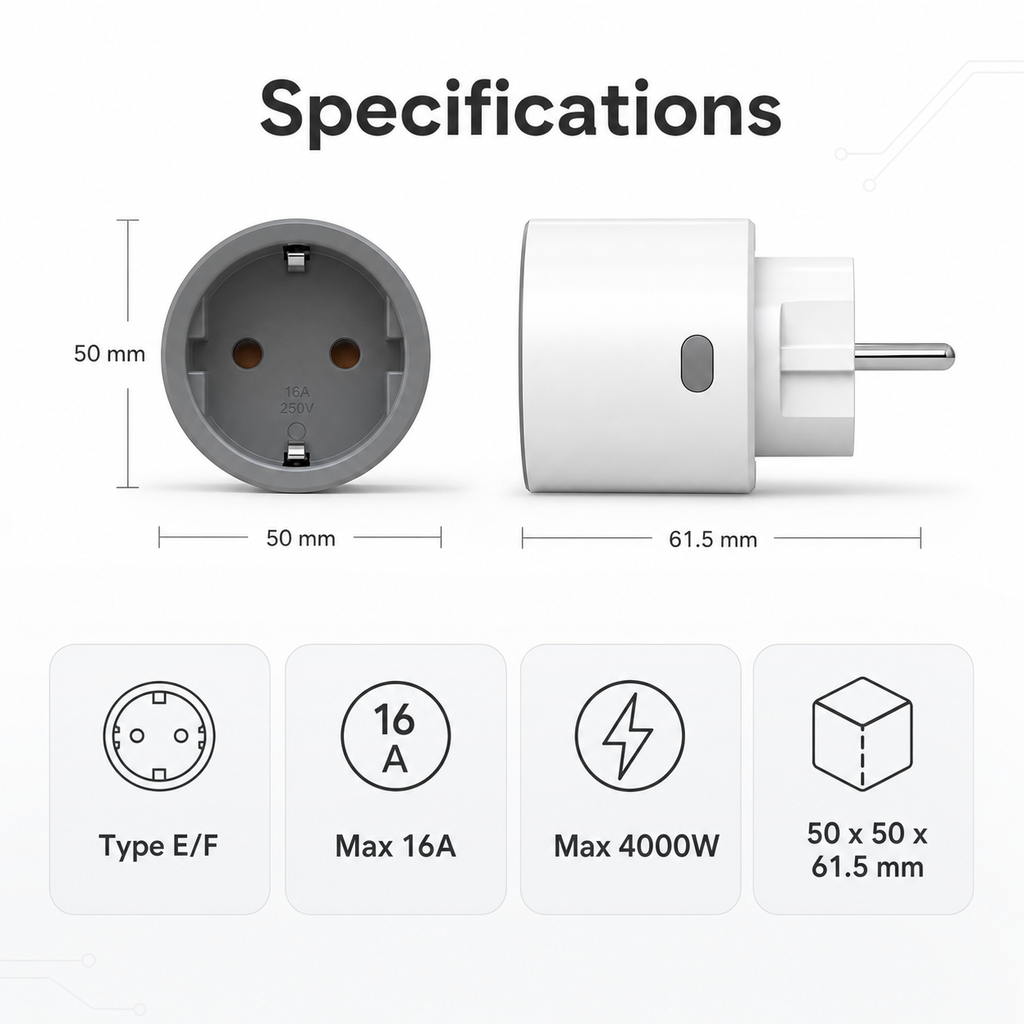 Specifications and dimensions for Type F Zigbee smart plug