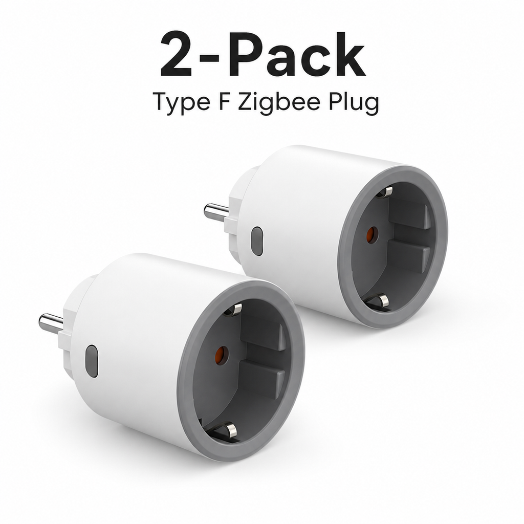Two-pack studio image of Type F Zigbee smart plugs