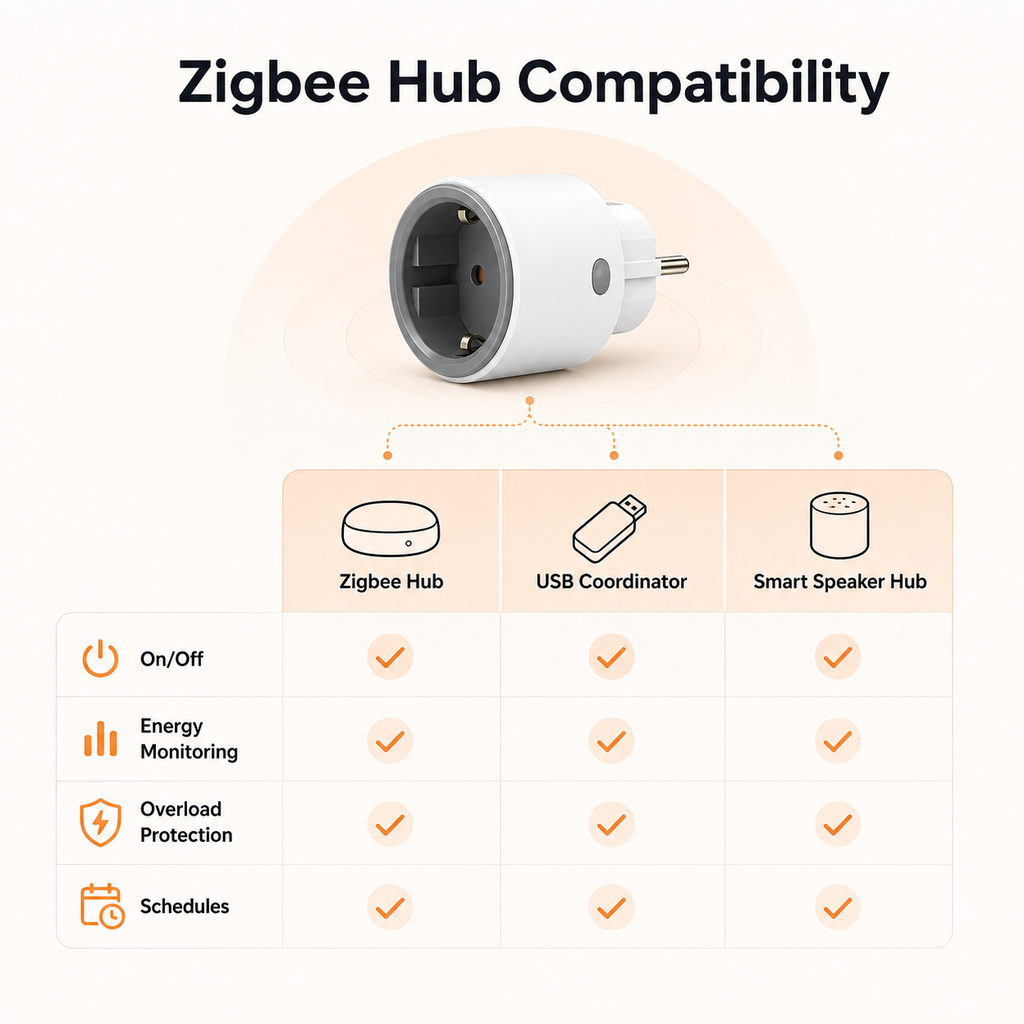 Generic Zigbee hub compatibility overview for Type F smart plug