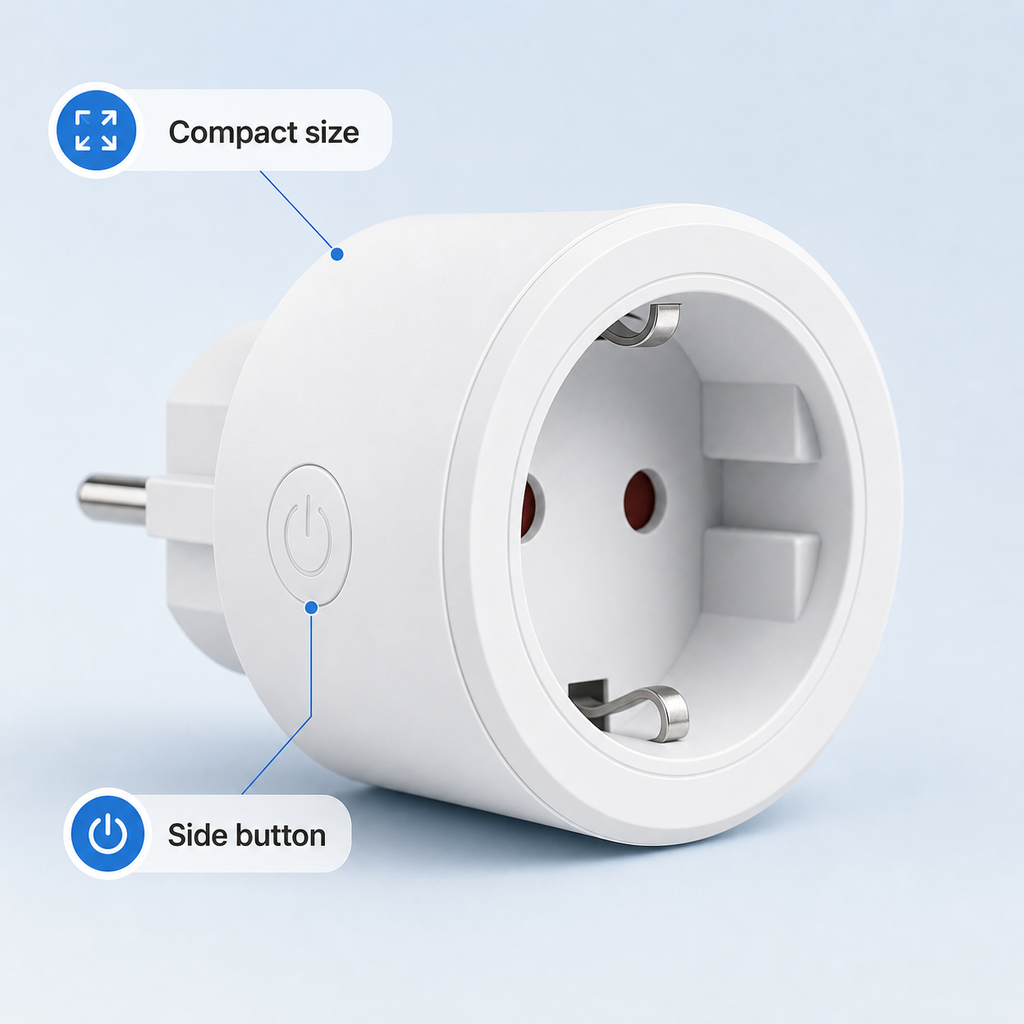 Close-up of compact WiFi smart plug with side button