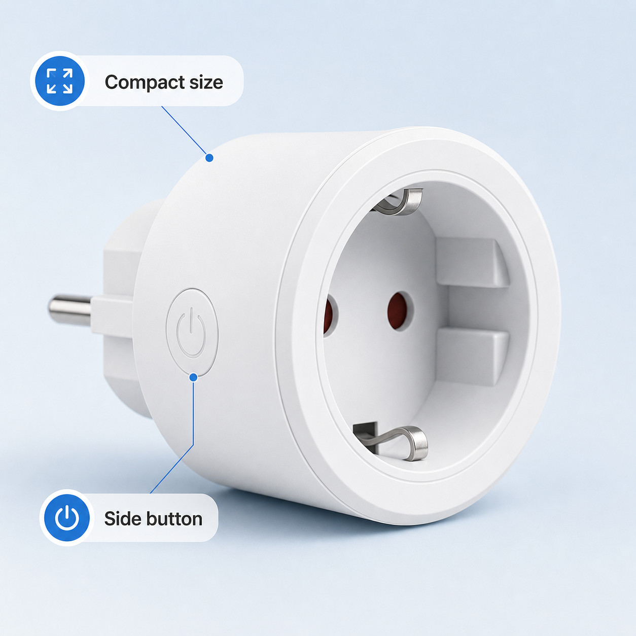Close-up of compact WiFi smart plug with side button