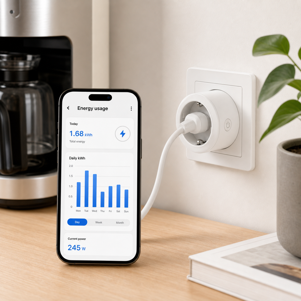 WiFi smart plug energy monitoring dashboard on smartphone