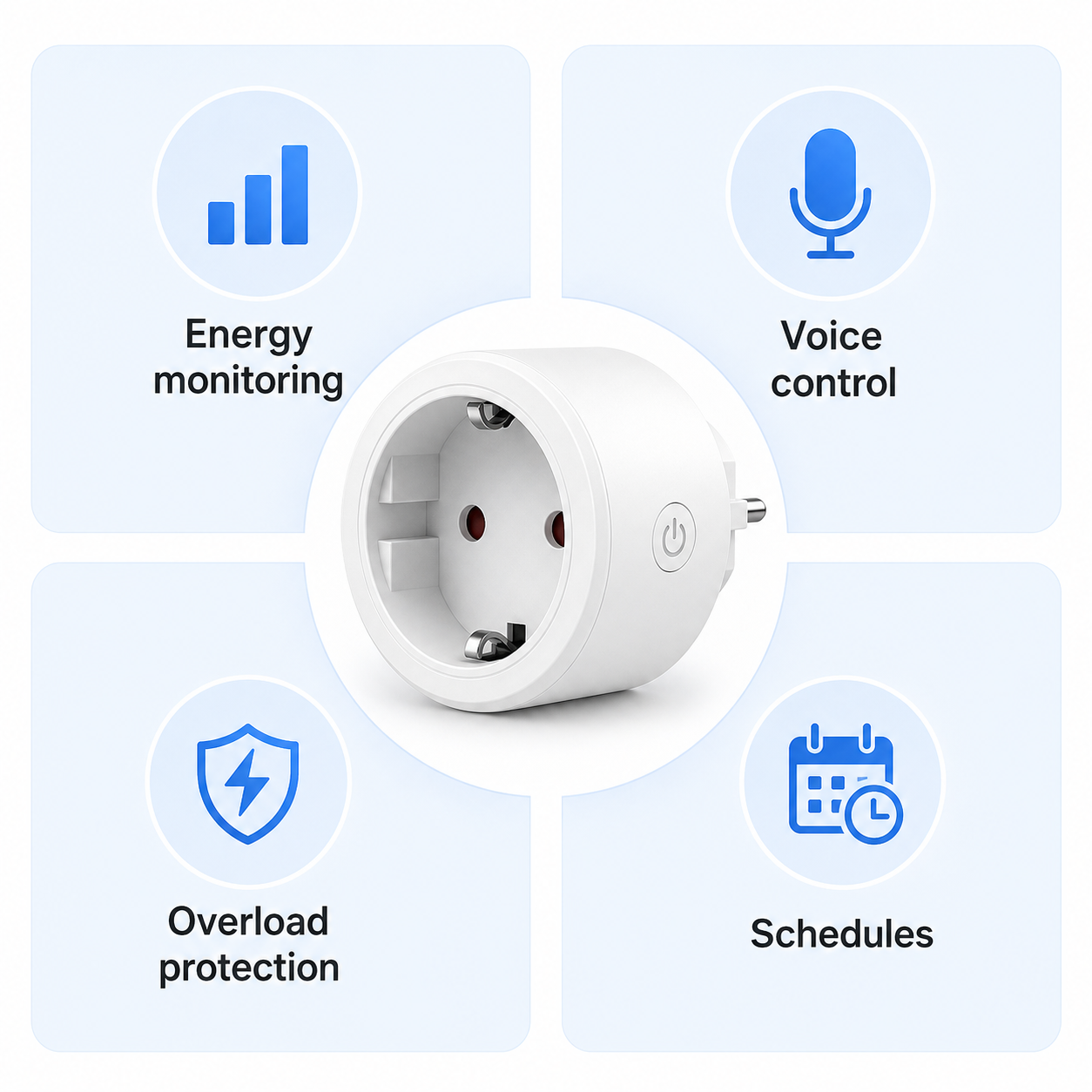 Feature grid for WiFi smart plug energy voice overload and schedules