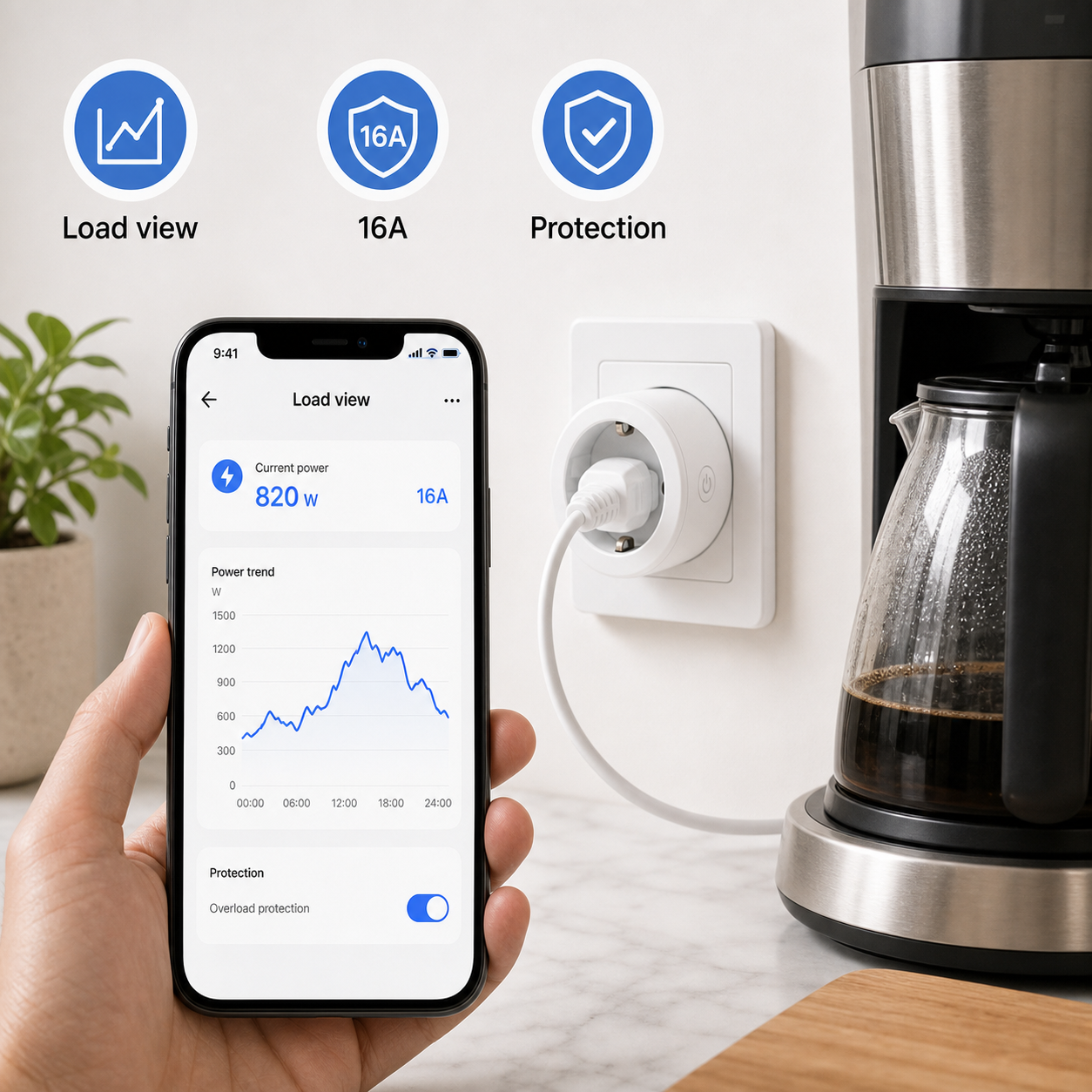 Load view and overload protection interface for WiFi smart plug