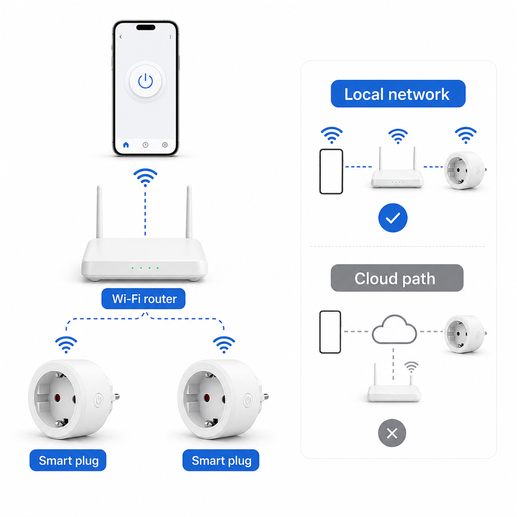 Local network and cloud path diagram for WiFi smart plugs