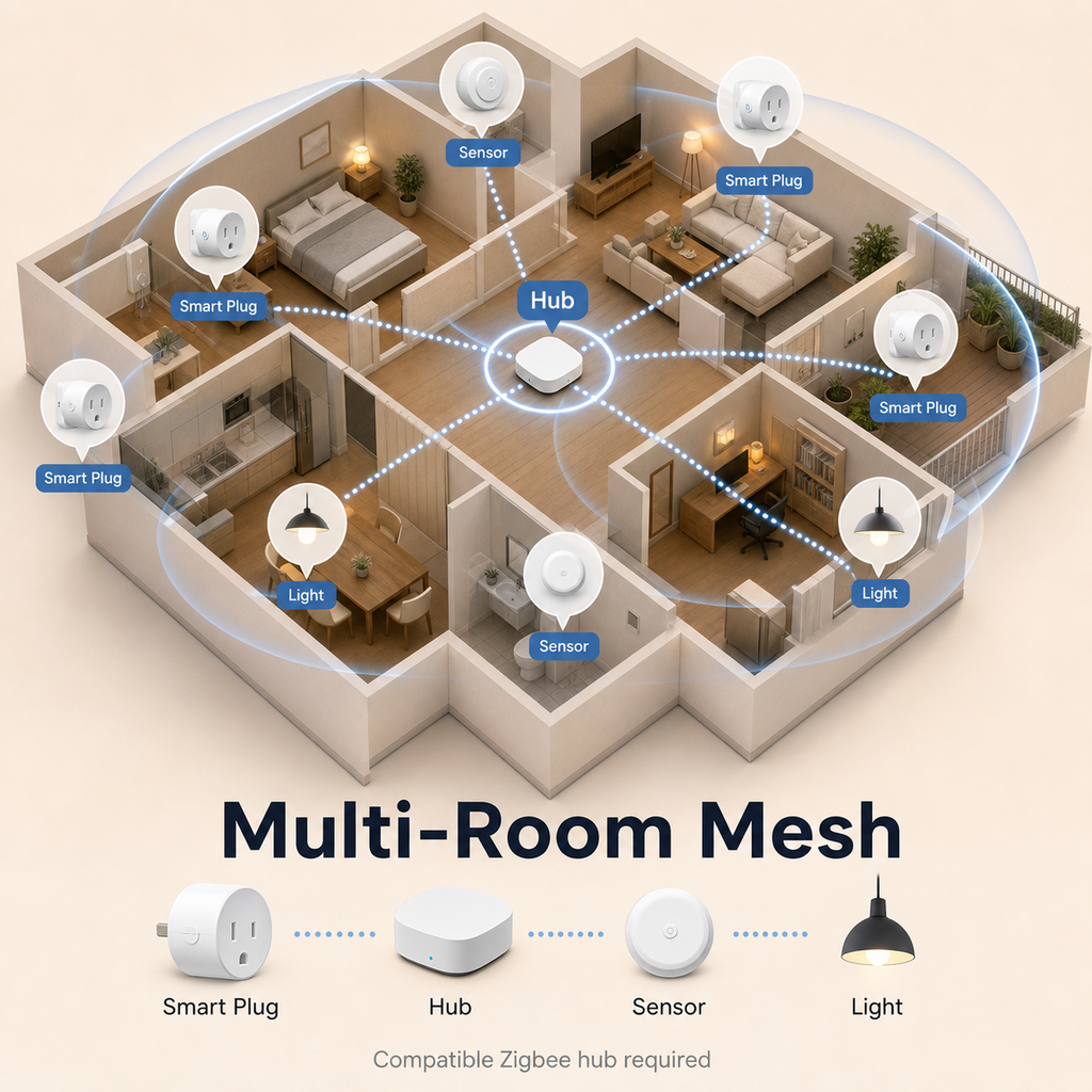 Multi-room mesh network diagram for Zigbee smart plug