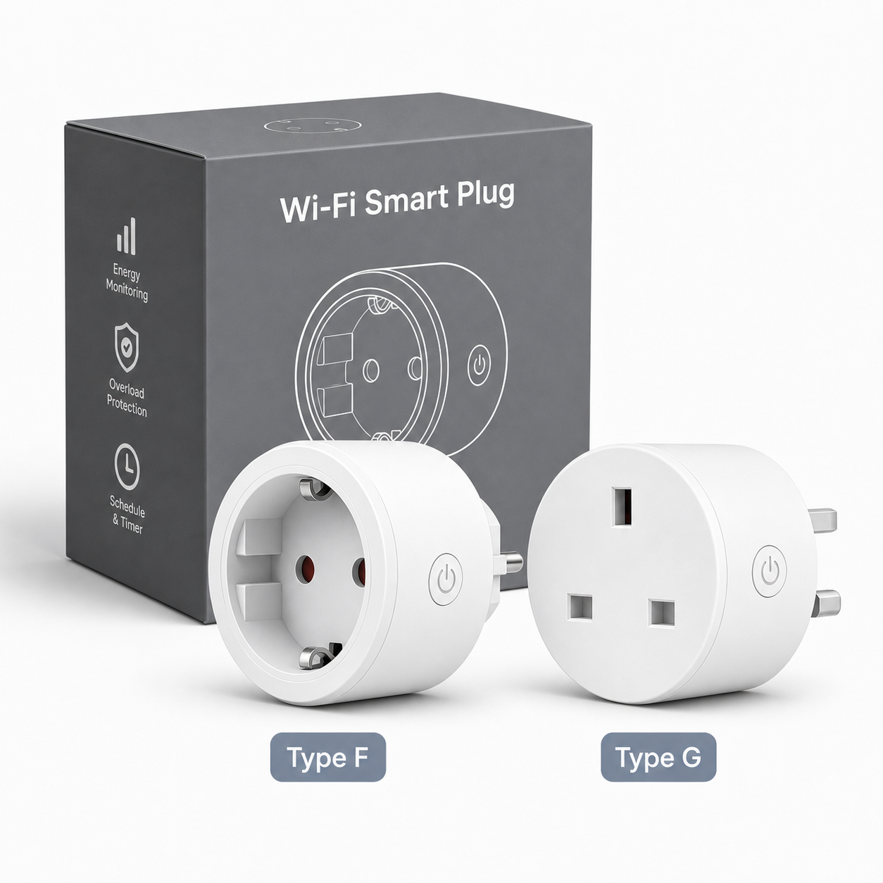 Package image showing Type F and Type G WiFi smart plug options