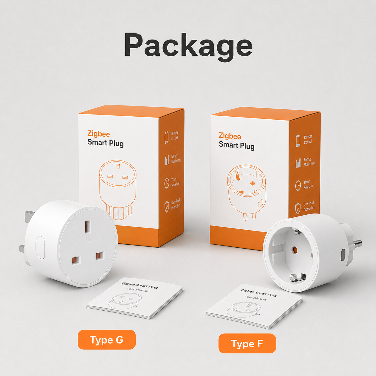 Package packshot for Type F and Type G Zigbee smart plugs