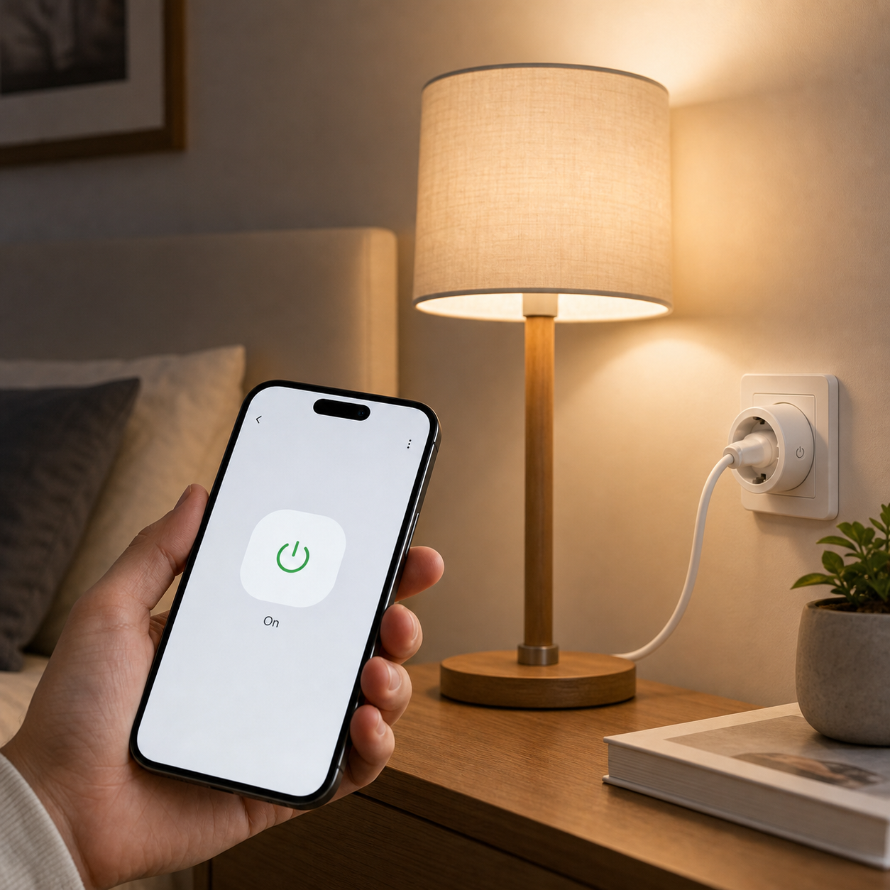 Remote control lifestyle scene with WiFi smart plug and lamp
