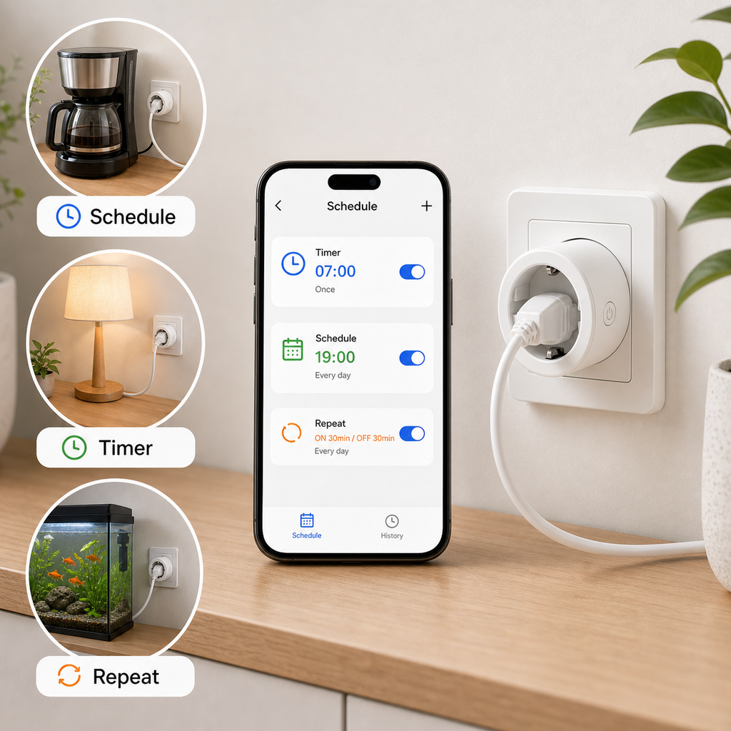Schedule timer and repeat app scenes for WiFi smart plug